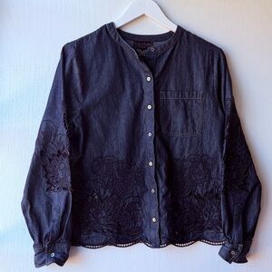 Johnny Was JW Biya Dark Wash Denim Jade Cecila Blouse Shirt Jacket Size M